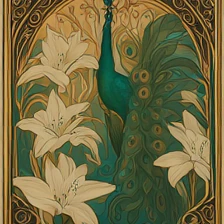 DINO sample for the prompt: an art nouveau poster of a peacock among white lilies, gold and teal palette, ornate border