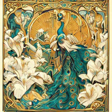 SigLIP2 sample for the prompt: an art nouveau poster of a peacock among white lilies, gold and teal palette, ornate border