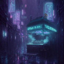DINO sample for the prompt: a rain-soaked cyberpunk alley with holographic signs and a steaming noodle stand, teal and magenta light