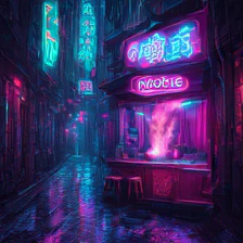 SigLIP2 sample for the prompt: a rain-soaked cyberpunk alley with holographic signs and a steaming noodle stand, teal and magenta light