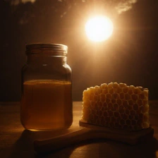 DINO sample for the prompt: a glass jar of honey with a wooden dipper beside a honeycomb, backlit by the sun
