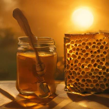 SigLIP2 sample for the prompt: a glass jar of honey with a wooden dipper beside a honeycomb, backlit by the sun