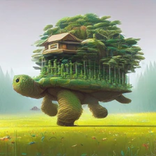 DINO sample for the prompt: a giant tortoise carrying a tiny forest with a cabin on its shell, walking across a meadow