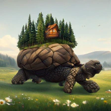 SigLIP2 sample for the prompt: a giant tortoise carrying a tiny forest with a cabin on its shell, walking across a meadow