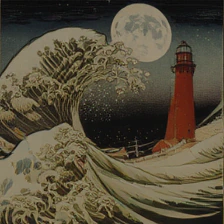 DINO sample for the prompt: a ukiyo-e woodblock print of a great wave crashing beside a red lighthouse under a full moon