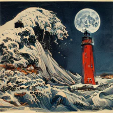 SigLIP2 sample for the prompt: a ukiyo-e woodblock print of a great wave crashing beside a red lighthouse under a full moon