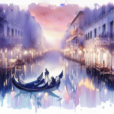 DINO sample for the prompt: a loose watercolor of a Venetian canal at dusk with gondolas, soft pastel wash