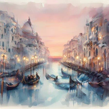 SigLIP2 sample for the prompt: a loose watercolor of a Venetian canal at dusk with gondolas, soft pastel wash