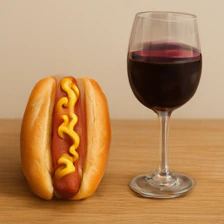 SigLIP2 sample for the prompt: a photo of a wine glass right of a hot dog