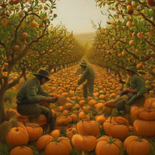 DINO sample for the WISE prompt: The apple orchard when the farmers are harvesting pumpkins.