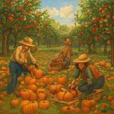 SigLIP2 sample for the WISE prompt: The apple orchard when the farmers are harvesting pumpkins.