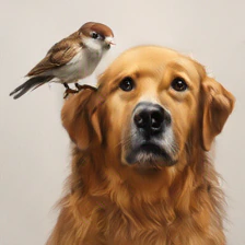 SigLIP2 sample for the WISE prompt: Generate an image of a bird and a dog, with the smaller animal on top and the larger below