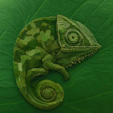 DINO sample for the WISE prompt: A chameleon perfectly camouflaged against a green leaf