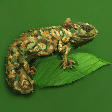SigLIP2 sample for the WISE prompt: A chameleon perfectly camouflaged against a green leaf