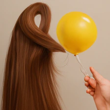 DINO sample for the WISE prompt: The balloon that has been rubbed comes into contact with long hair